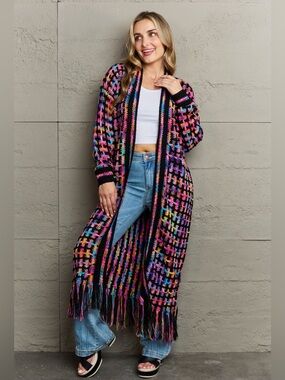 Timing Black Multicolor Rainbow Fringe Long Open Front Cardigan Sweater Duster M